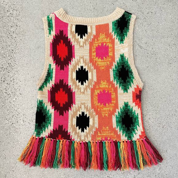 ALICE + OLIVIA Reva Print Fringe Peplum Multi-Color Tank Top - Picture 2 of 5